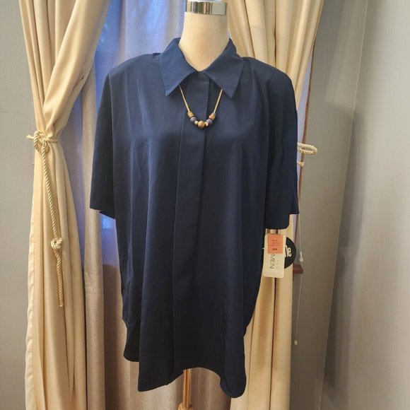 NWT Vtg. Leni Leni Hidden Buttons Attached Necklace Silky Blouse Dark Blue 20W - Picture 1 of 12